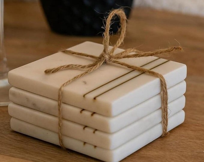 Marble Coasters Set of 4 | Minimalist White Stone Coasters