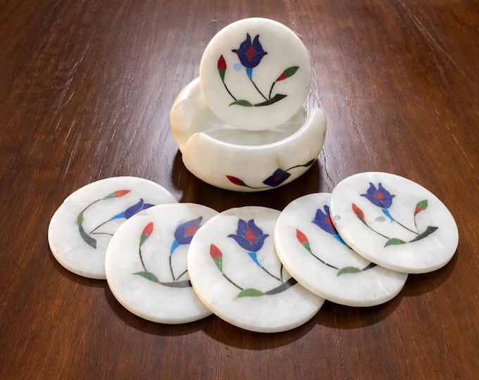 Handmade White Marble Coasters with Inlay Floral Art