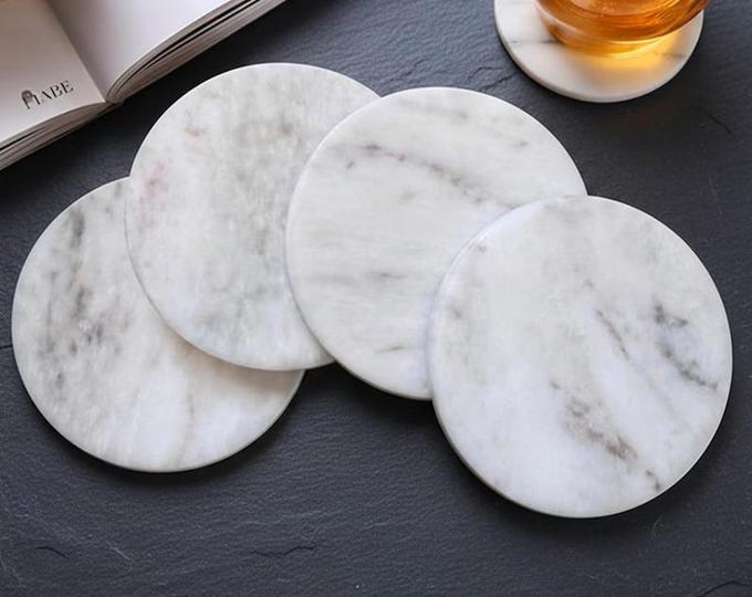 Set of 4 White Marble Coasters, Minimalist Round Stone Coasters
