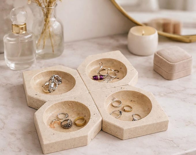 Handmade Travertine Marble Jewelry Dish Set | Hexagon Vanity Organizer