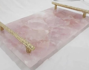 Rose Quartz Serving Tray with Brass Handles – Luxury Pink Stone Vanity Tray