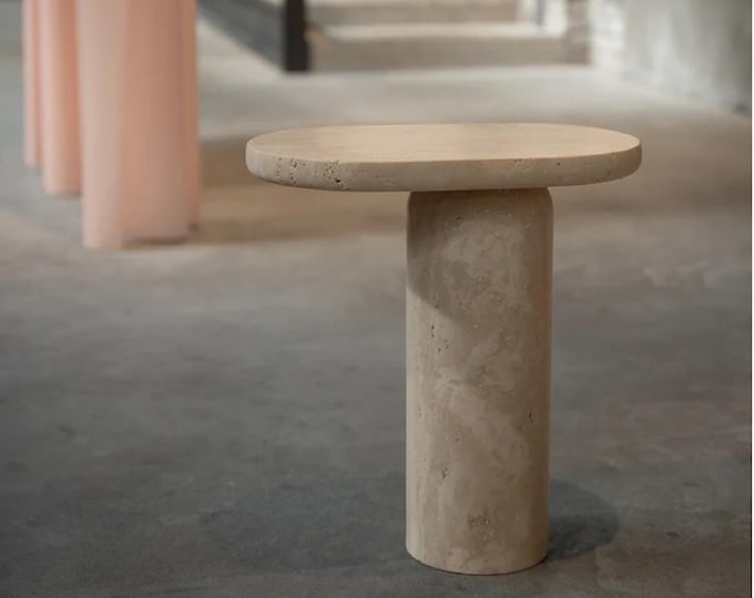 Round Travertine Stone Side Table / Minimalist Pedestal Accent Table