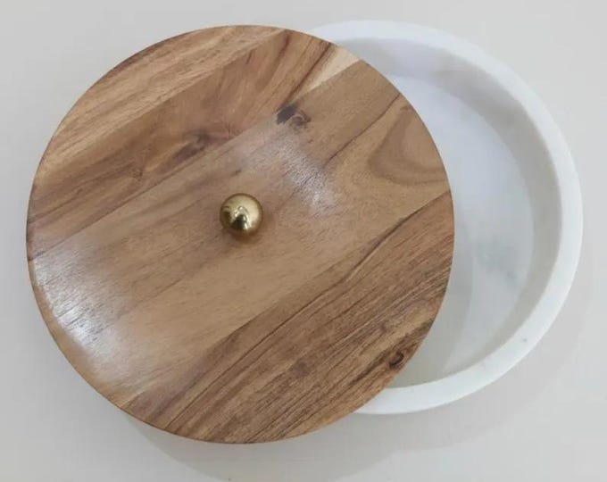Marble & Wood Covered Serving Platter, Round Serving Dish with Lid