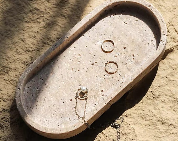 Handmade Travertine Stone Jewelry Tray – Natural Oval Catchall Dish