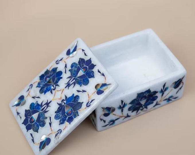 Handcrafted Marble Inlay Jewelry Box – Blue Floral Pietra Dura Art