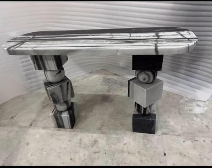 Handmade Black & Grey Marble Console Table: Modern Pedestal Design