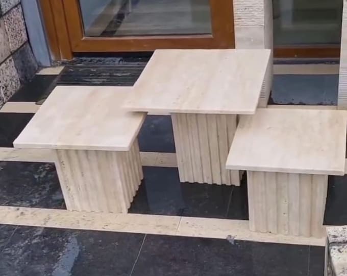 Mid-Century Italian Travertine Nesting Tables – Set of 3 – Handmade Natural Stone Coffee & Side Tables