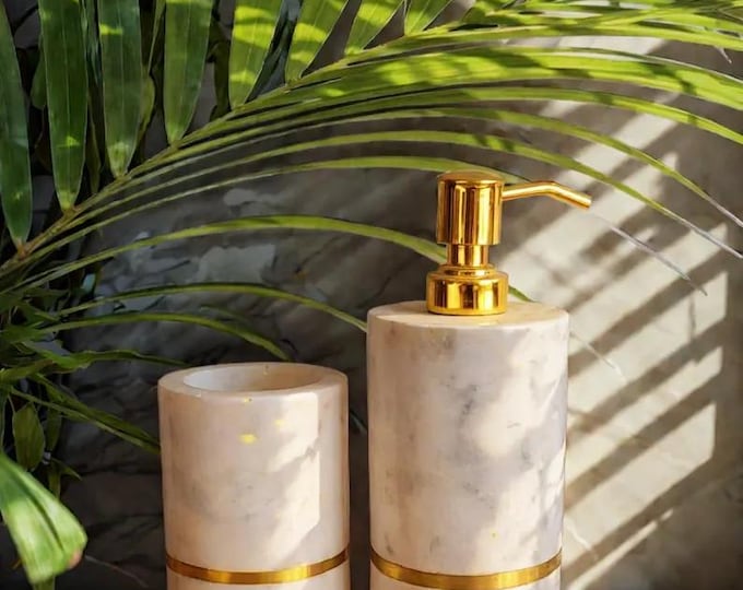 White Marble Soap Dispenser Set with brass Accents