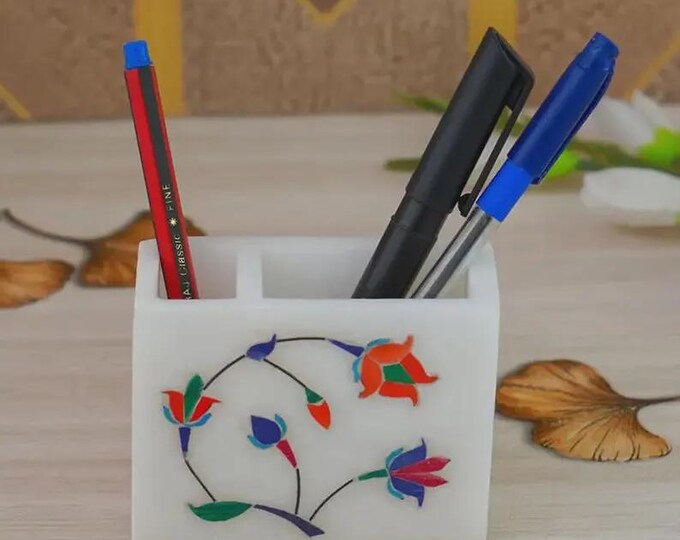 Floral Marble Inlay Pen Stand | Pietra Dura Stone Desk Decor
