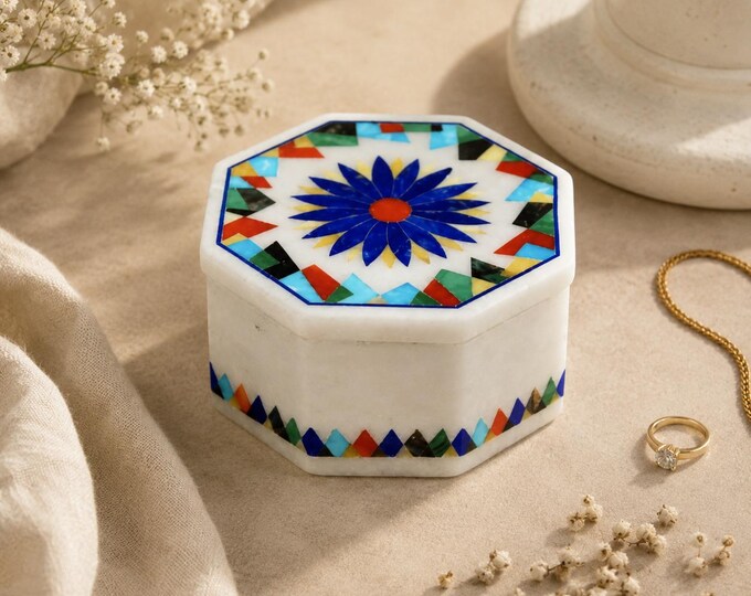 Marble Jewelry Ring Box Semi Precious Stones Inlay Handmade Home Decor Gifts
