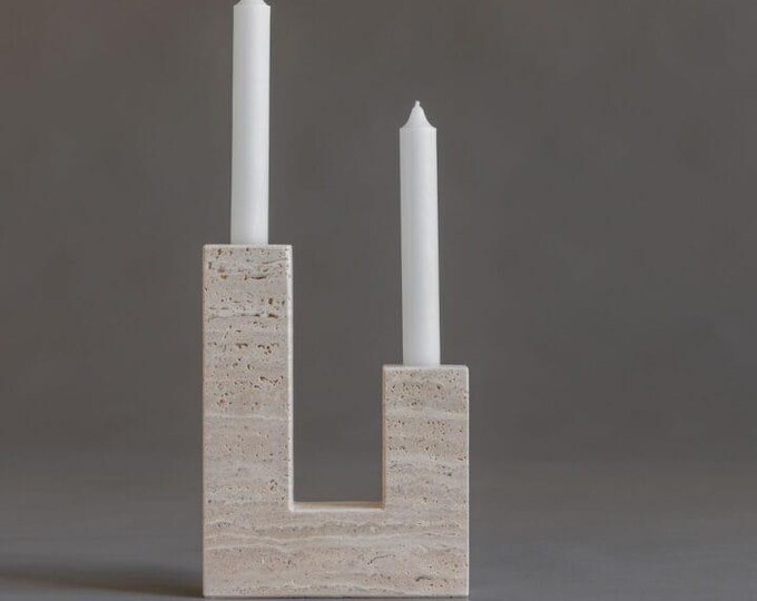 Natural Travertine Candle Holder | L-Shaped Taper Holder | Modern Minimalist Stone Decor