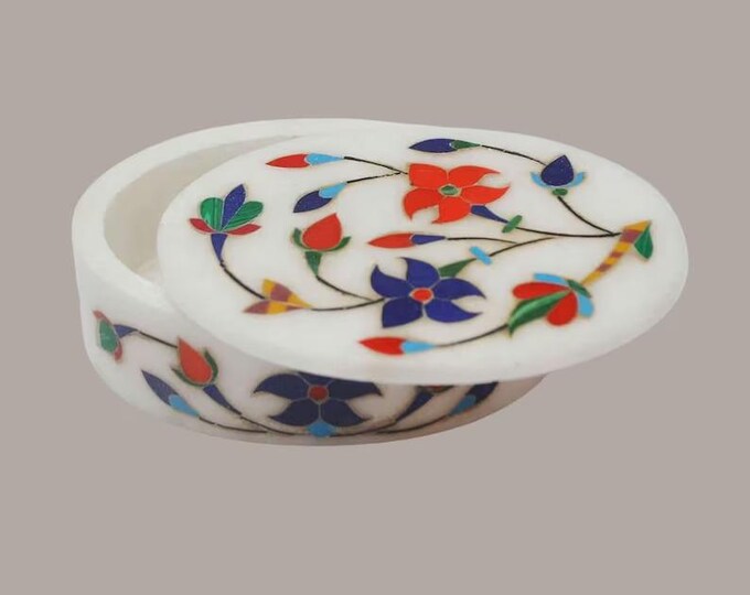 Round Marble Trinket Box with Colorful Floral Inlay
