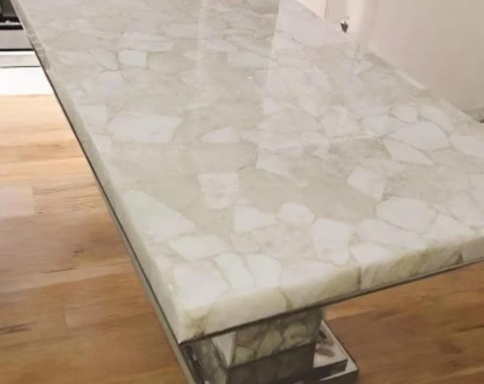 Handmade White Quartz Stone Table Top  Modern Gemstone Decor