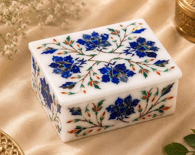 Blue Floral Stone Keepsake Box, Luxury Artisan Decorative Gift