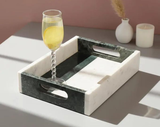 Modern Marble Serving Tray – Two-Tone Stone Tray with Handles