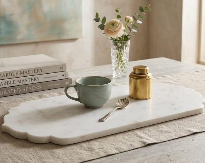 Scalloped Serving Tray, White Marble Vanity Tray, Luxury Coffee Table Decor