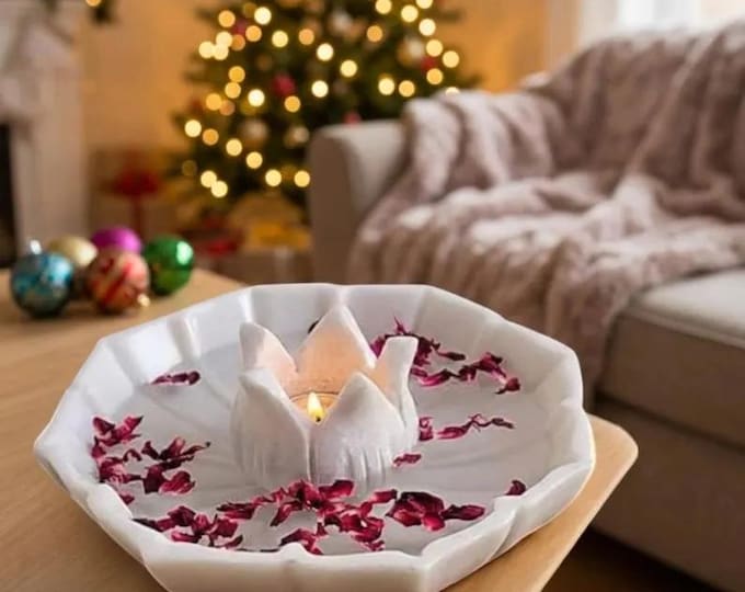 White Marble Lotus Candle Holder Bowl, Decorative Centerpiece Bowl