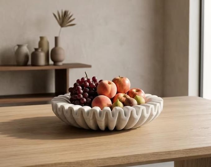 White Marble Fruit Bowl, Modern Minimalist Centerpiece