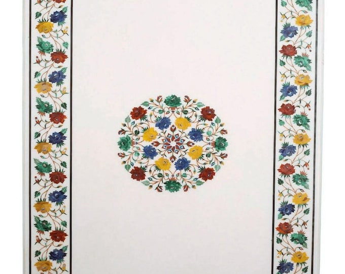 Luxury White Marble Table Top with Semi-Precious Stone Inlay – Floral Vine Design