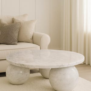 Round White Marble Coffee Table – Sculptural Ball Leg Design | Luxury Handmade Center Table