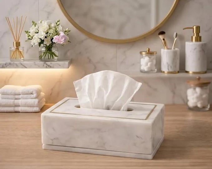 White Marble Tissue Box Cover with Brass Inlay Border