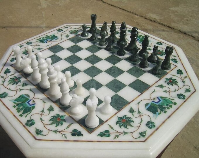 Marble Chess Board with Malachite Stone Semi-Precious Stones Handmade Art Coffee Table to Add Royal Look
