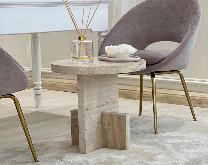 Handcrafted Travertine Side Table: Round Marble Accent Table