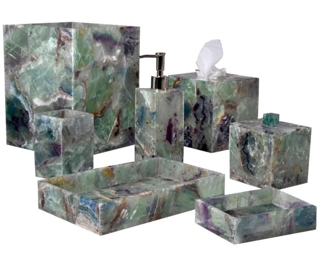 Green Fluorite Bathroom Set: Handmade Agate Stone, 7 Piece