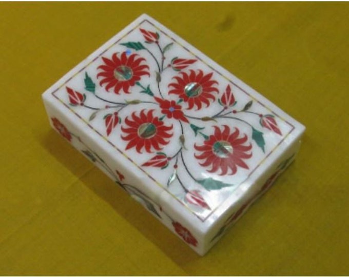 Marble Jewelry Box Semi Precious Stone Pietra Dura Art Work Handmade Home Decor For Gifts