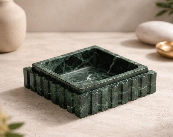 Luxury Green Marble Square Tray | Handcrafted Stone Catchall | Modern Vanity & Home Decor