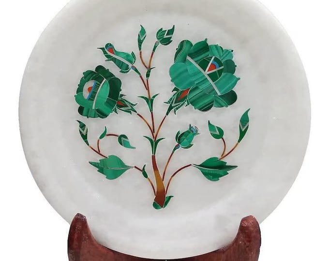 White Marble Inlay Plate, Handmade Floral Pietra Dura Art