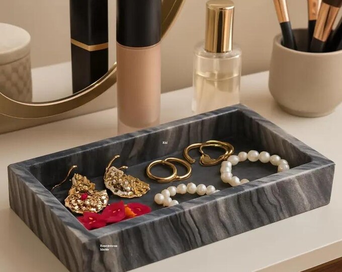 Gray Marble Vanity Tray – Luxury Stone Jewelry & Makeup Organizer