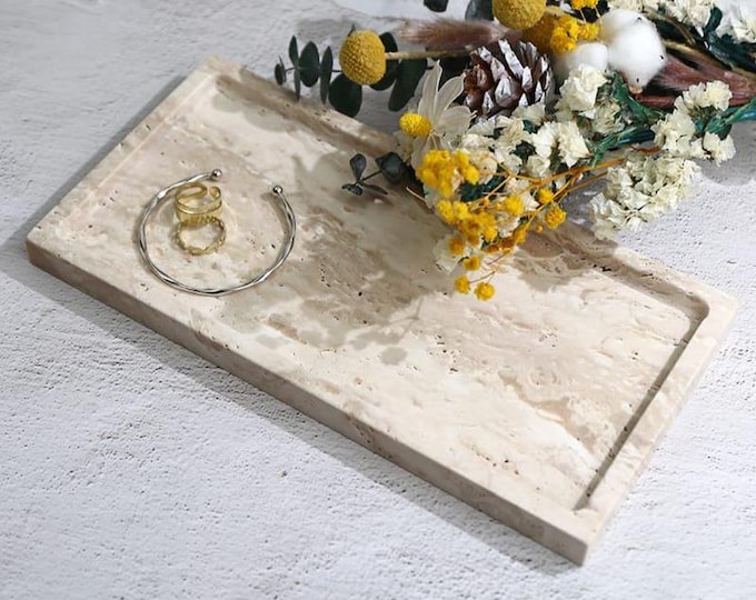 Handcrafted Rectangular Travertine Stone Tray – Natural Marble Vanity Tray