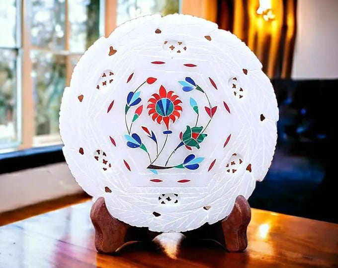 Handmade Marble Inlay Plate, Floral Pietra Dura Art