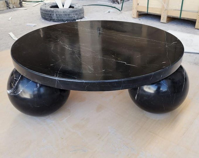 Sculptural Marble Coffee Table – Custom Handmade Round Table with Sphere Legs