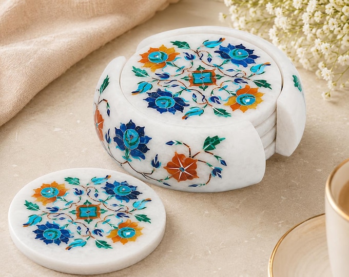 Handmade Marble Coaster Set: Pietra Dura Inlay Art, Multi-Color Stone Decorative Home Gifts