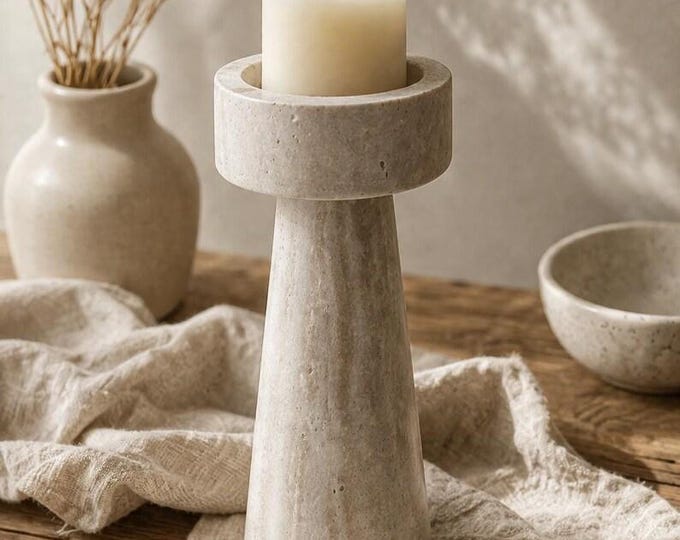 Minimalist Travertine Candle Holder, Neutral Home Decor