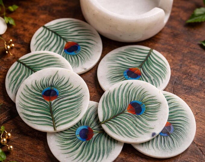 Marble Coaster Set Handmade Multi Semi Precious Stones Inlay Pietradura Art Work Home Decor