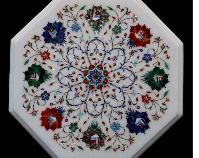 Marble Side Table Top Semi Precious stones floral inlay Pietra Dura work Home Room Decor