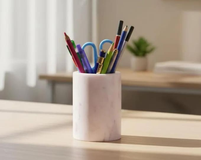 White Marble Pen Holder | Modern Desk Organizer Cup