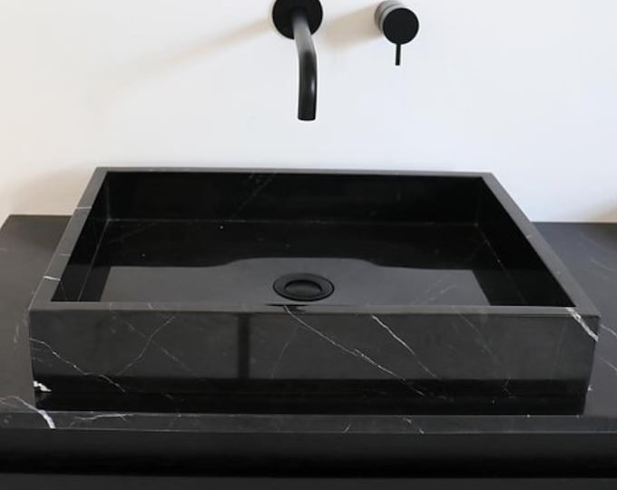 Nero Marquina Marble Square Washbasin Sink: Custom Handcrafted Bathroom Decor