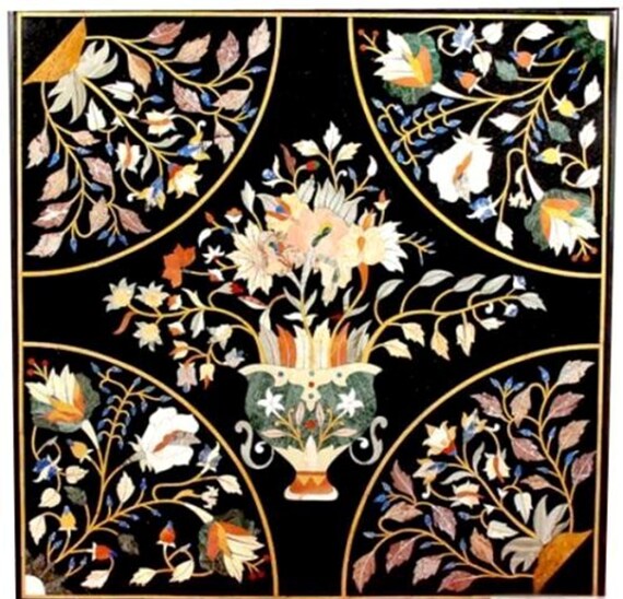 Handmade Black Marble Table Top: Inlaid Semiprecious Stones, Pietra Dura Art