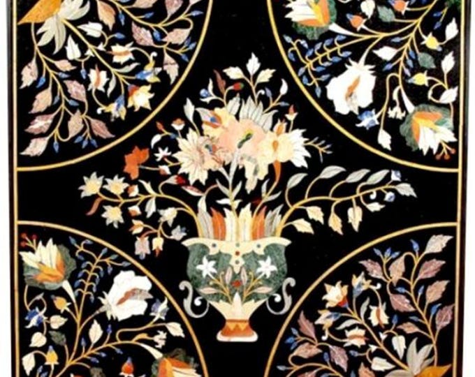 Handmade Black Marble Table Top: Inlaid Semiprecious Stones, Pietra Dura Art