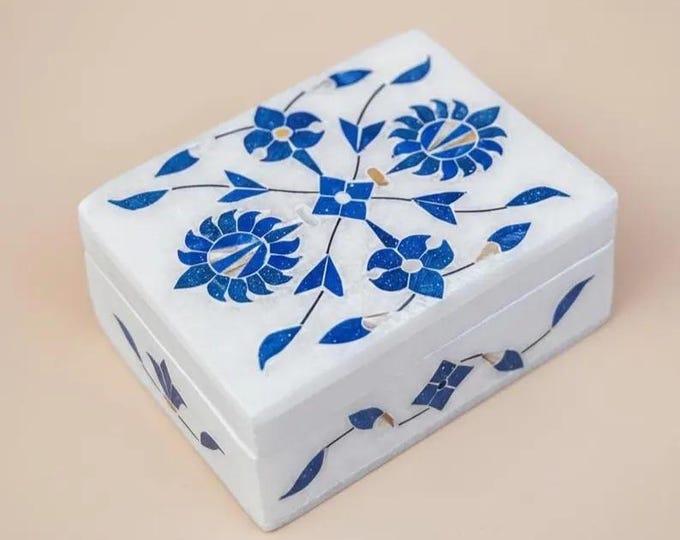 White Marble Inlay Jewelry Box – Blue Floral Pietra Dura Design