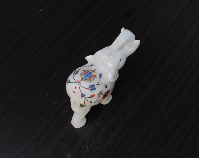 Marble Decorative Handmade Elephant Inlay Work Multi Color Semi Precious Stone Home Decor