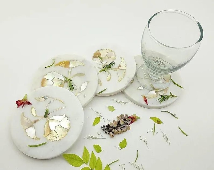 White Marble Floral Coasters Set | Mother of Pearl & Brass Inlay