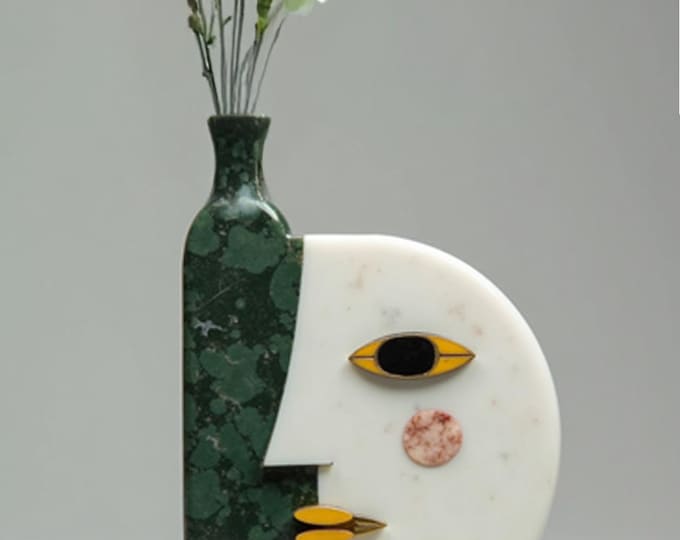 Modern Marble Face Vase: Green Marble Accent, Artistic Sculpture