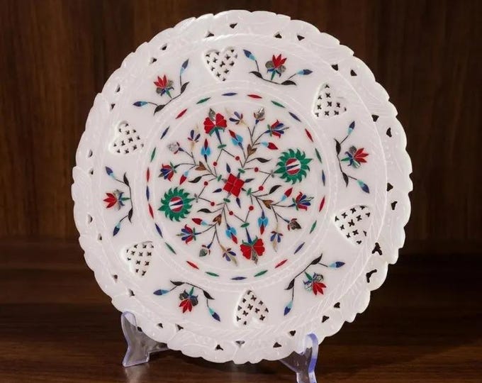 White Marble Inlay Plate, Handmade Floral Stone Art