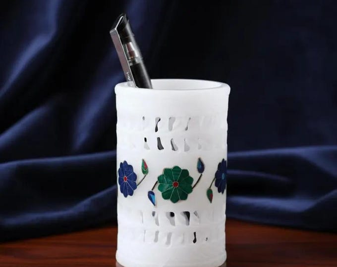 Marble Pen Holder with Colorful Floral Inlay – Handmade Stone Desk Organizer