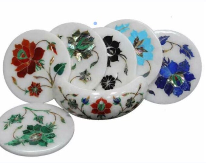 Marble Coaster Set Drinkware Handmade Semi Precious Stone Work Inlay Art Home Decorative Gifts